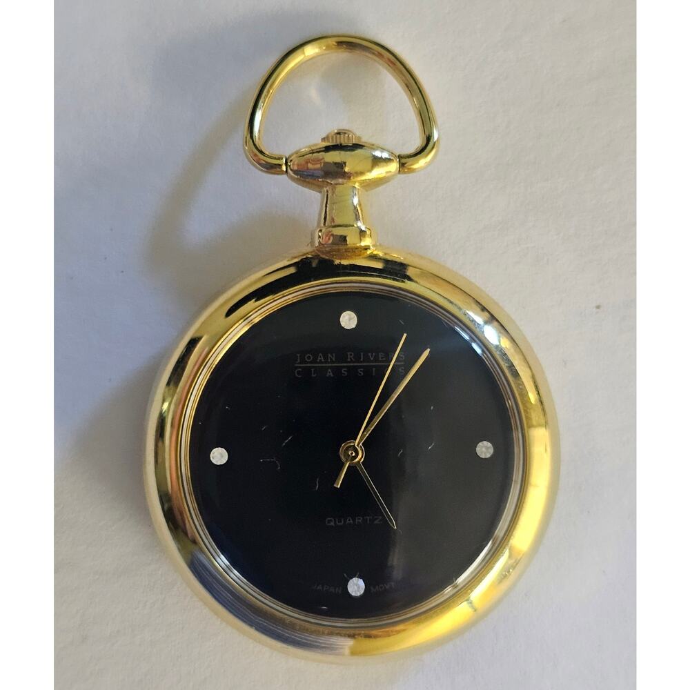 Vintage JOAN RIVERS Classic Gold Tone Black Pendant Pocket WATCH - Picture 6 of 8